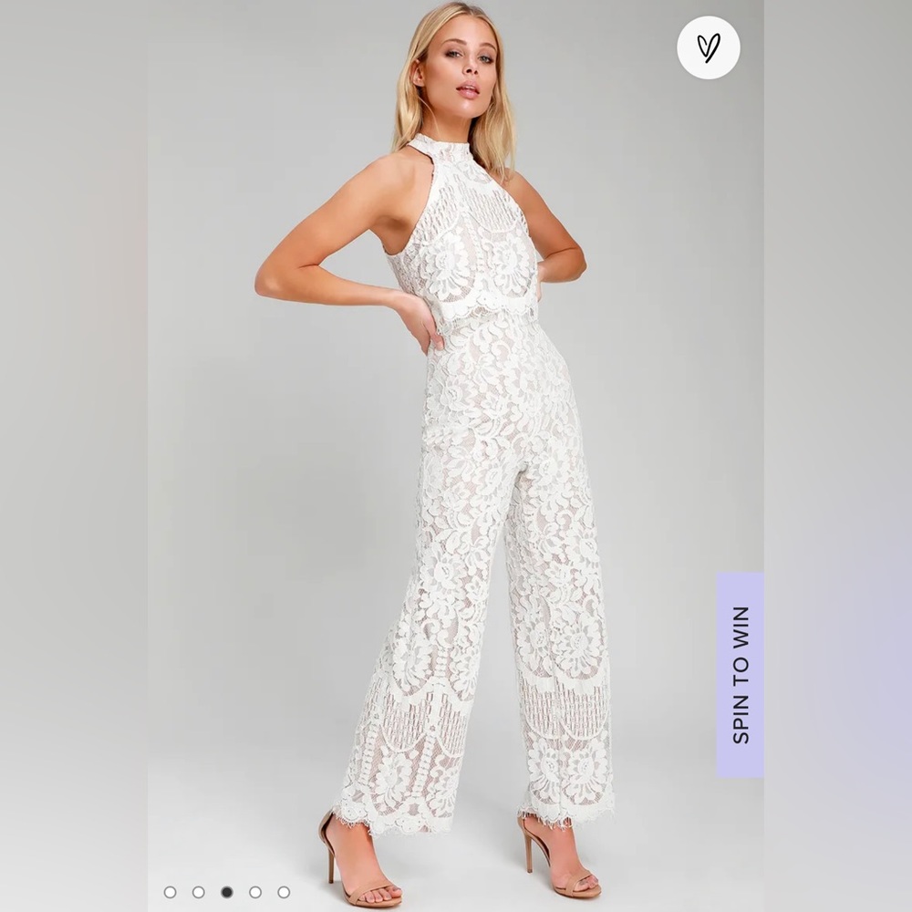 Lulus: Britney White Lace Halter Jumpsuit, White, XL